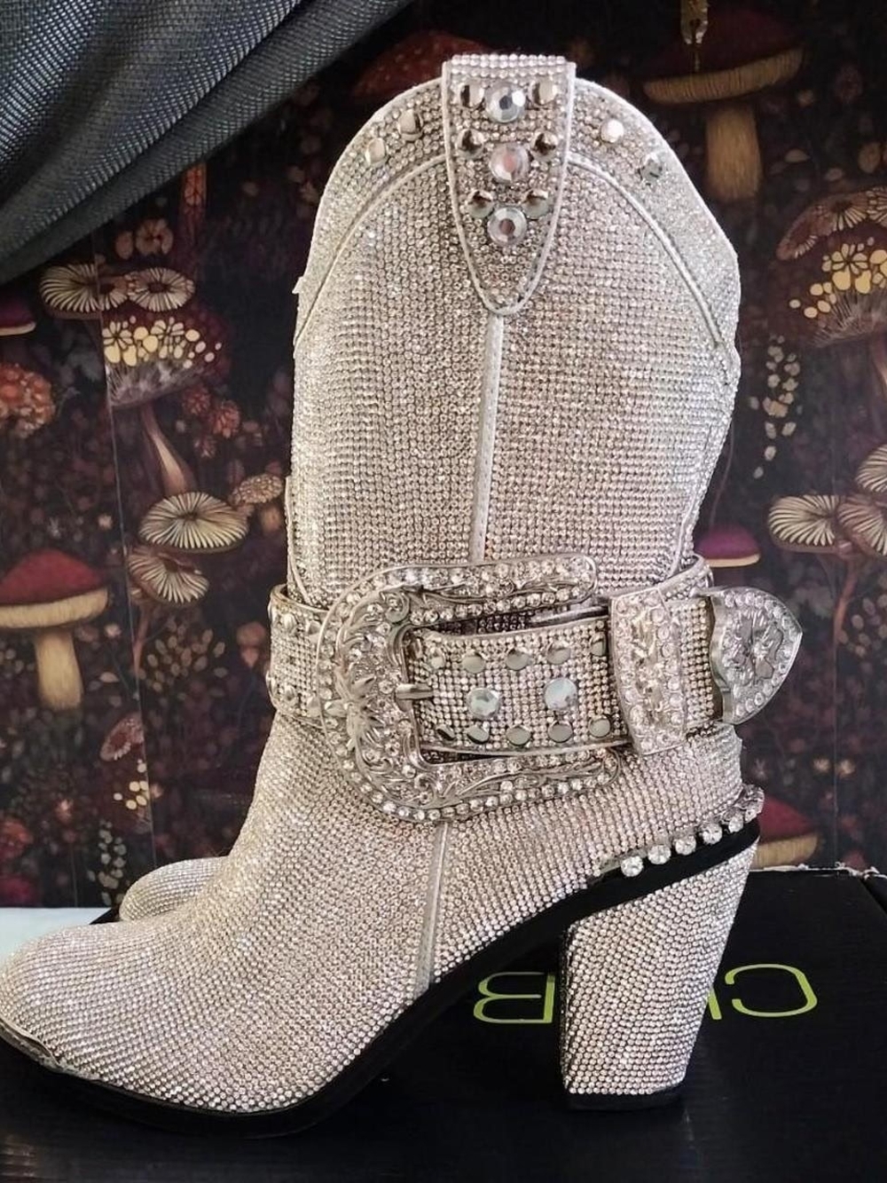 Silver Embellished Western Ankle Bootie with Decorative Buckle